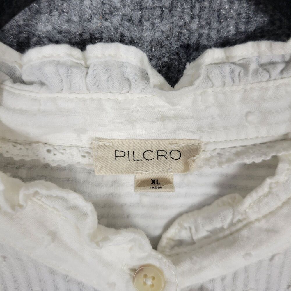 PILCRO Oversized Ruffled Blouse White Swiss Dot Striped Button Up Top SIZE XL - Picture 11 of 15